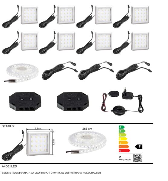 SENSIS II/DENIRA/NATA VA Unterbauleuchte 8er Set SPOT LED  Vitrinenbeleuchtung  Schrankbeleuchtung  Kaltweiß inkl. LED Netzteil 12 Volt (8er Set - Kaltweiß 6000K)