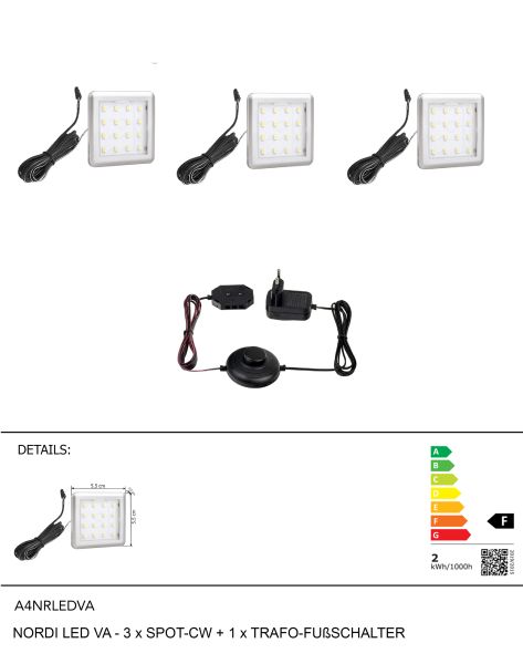 NORDI LED VA-3xSPOT-CW+1xTRAFO-FUßSCHALTER