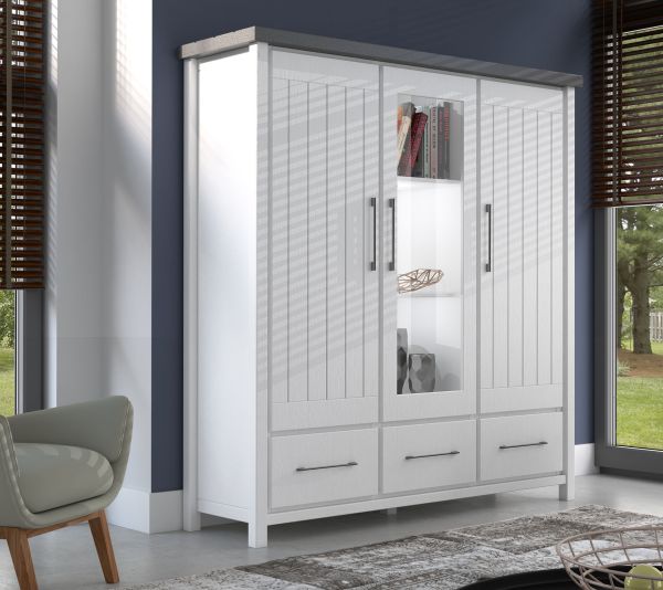 Miami Highboard 081-01/Front/Korpus: Kiefer massiv weiss Absetzung grau gebürstet