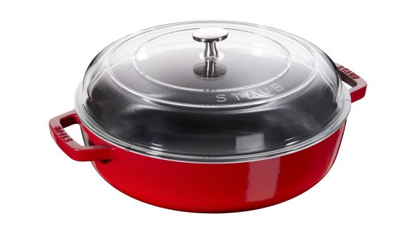 Staub Braisers Töpfe und Pfannen Bräter mit Glasdeckel, 28 cm rund Gusseisen Kirsch-Rot